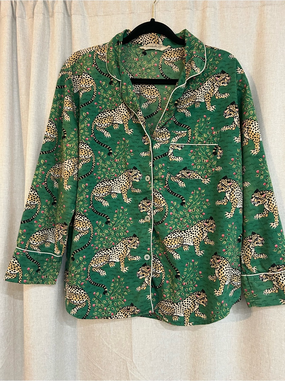 Printfresh Green Leopard-Print Pajama Top with Contrast Piping